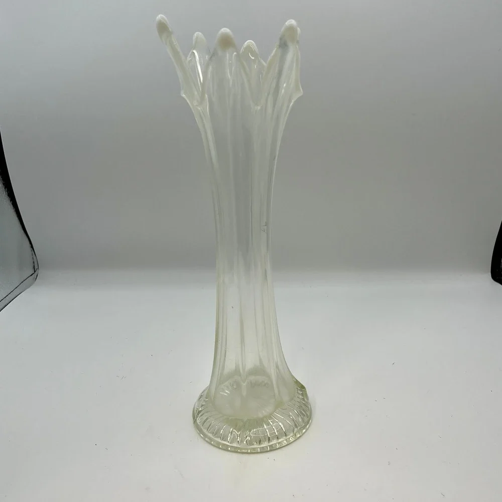 Clear Opalescent Swirl Top Art‎ Glass Vase Mid Century Modern Trumpet Flower